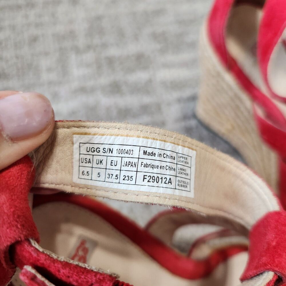 UGG Lauri espadrille platform wedge sandals red suede size 6.5 - Picture 2 of 11